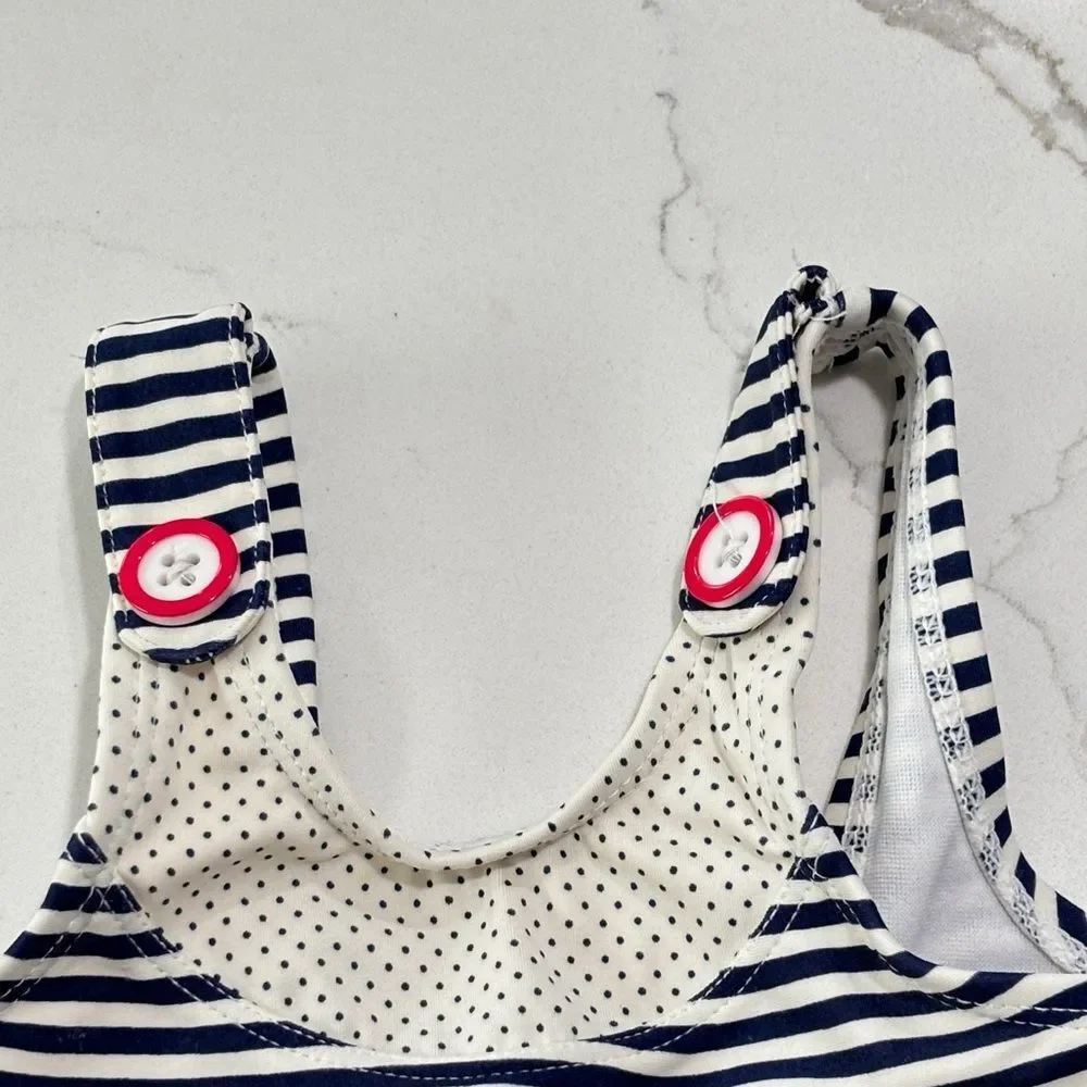 Janie And Jack One-Piece Swimsuit Nautical Stripes Polka Dot Buttons Size 12-18M